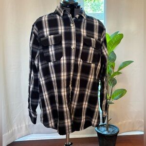 Japna Women's Black and White Plaid Button Down Shirt